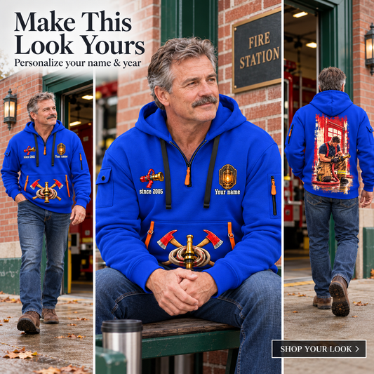 Personalized Fire Fighter Station Detail Quarter-Zip Hoodie in Blue, worn by an adult man
