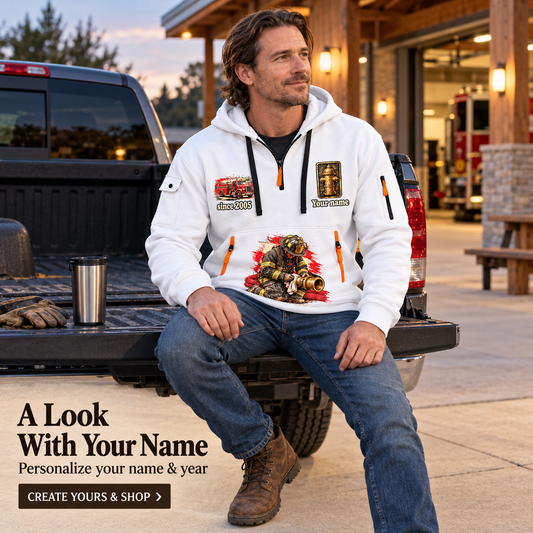 Personalized Fire Fighter Once and Always Quarter-Zip Hoodie in White, worn by an adult man