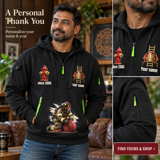 Personalized Fire Fighter Proud to Answer Quarter-Zip Hoodie in Black, worn by an adult man