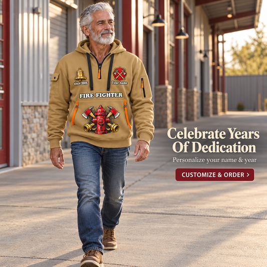 Personalized Fire Fighter Lifelong Service Quarter-Zip Hoodie in Khaki, worn by an adult man
