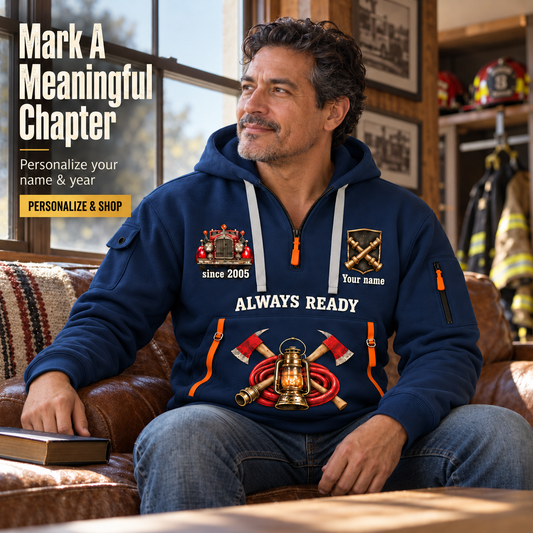 Personalized Fire Fighter Always Ready Quarter-Zip Hoodie in Navy, worn by an adult man