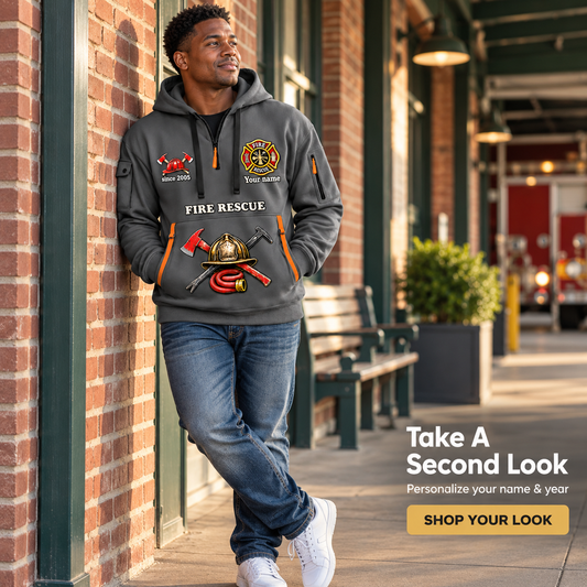 Personalized Fire Fighter Community Pride Quarter-Zip Hoodie in Gray, worn by an adult man