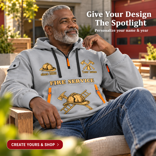 Personalized Fire Fighter Gold Service Quarter-Zip Hoodie in Light Grey, worn by an adult man