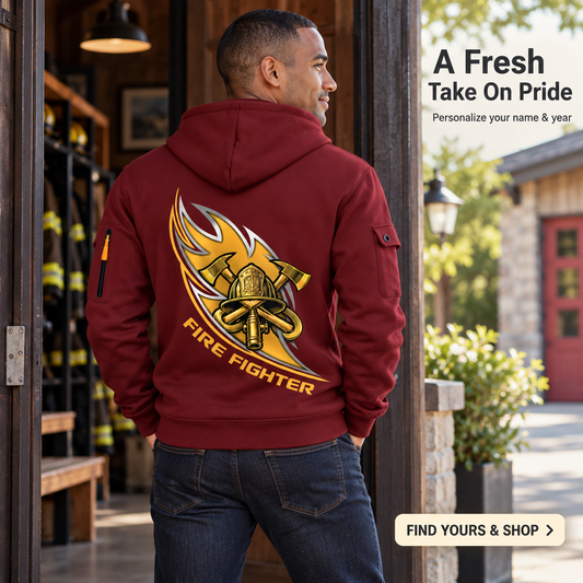 Personalized Fire Fighter Golden Flame Quarter-Zip Hoodie in Wine Red, worn by an adult man