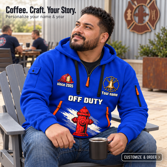 Personalized Fire Fighter Off Duty Pride Quarter-Zip Hoodie in Blue, worn by an adult man