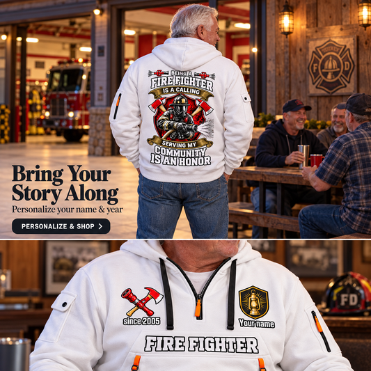 Personalized Fire Fighter Calling and Honor Quarter-Zip Hoodie in White, worn by an adult man