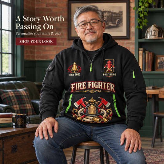 Personalized Fire Fighter Heart of Service Quarter-Zip Hoodie in Black, worn by an adult man