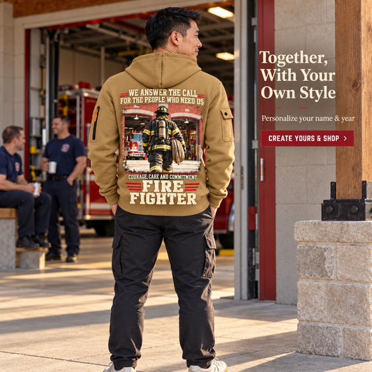 Personalized Fire Fighter Why We Serve Quarter-Zip Hoodie in Khaki, worn by an adult man