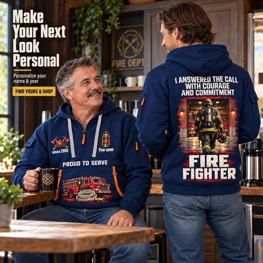 Personalized Fire Fighter Walked the Station Floor Quarter-Zip Hoodie in Navy, worn by an adult man