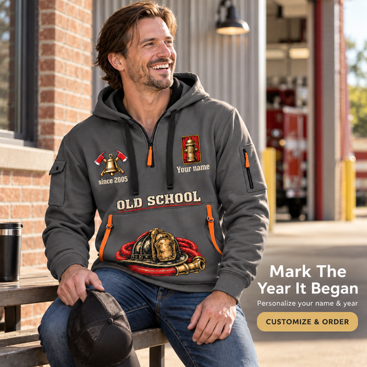 Personalized Fire Fighter Old School Fire Fighter Quarter-Zip Hoodie in Gray, worn by an adult man