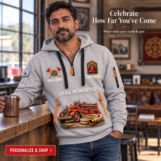 Personalized Fire Fighter Dedication Remains Quarter-Zip Hoodie in Light Grey, worn by an adult man