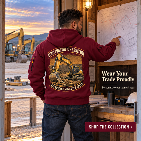 Personalized Excavator Operator Earthmover Heritage Quarter-Zip Hoodie in Wine Red, worn by an adult man