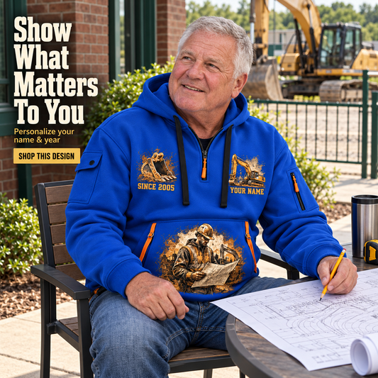 Personalized Excavator Operator Cut and Grade Quarter-Zip Hoodie in Blue, worn by an adult man