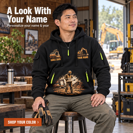Personalized Excavator Operator Built from the Ground Quarter-Zip Hoodie in Black, worn by an adult man