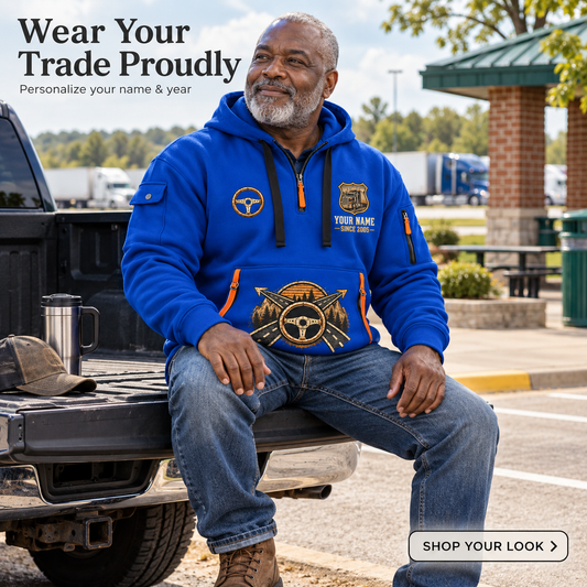 Personalized Trucker Highway Heritage Quarter-Zip Hoodie in Blue, worn by an adult man