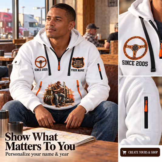 Personalized Trucker Road Atlas Quarter-Zip Hoodie in White, worn by an adult man