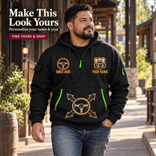 Personalized Trucker Driver Portrait Quarter-Zip Hoodie in Black, worn by an adult man