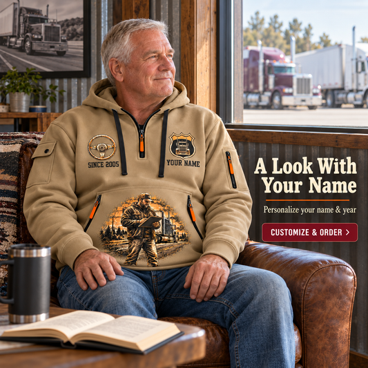 Personalized Trucker Built for the Journey Quarter-Zip Hoodie in Khaki, worn by an adult man