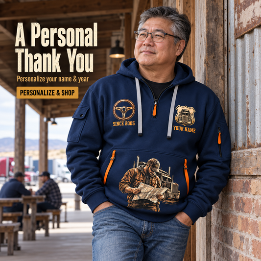 Personalized Trucker Proud Road Warrior Quarter-Zip Hoodie in Navy, worn by an adult man