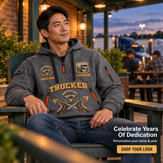 Personalized Trucker Lifelong Trucker Quarter-Zip Hoodie in Gray, worn by an adult man