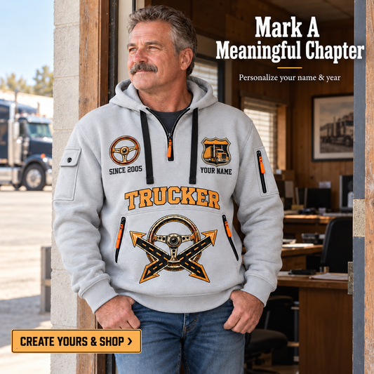 Personalized Trucker Built for the Road Quarter-Zip Hoodie in Light Grey, worn by an adult man