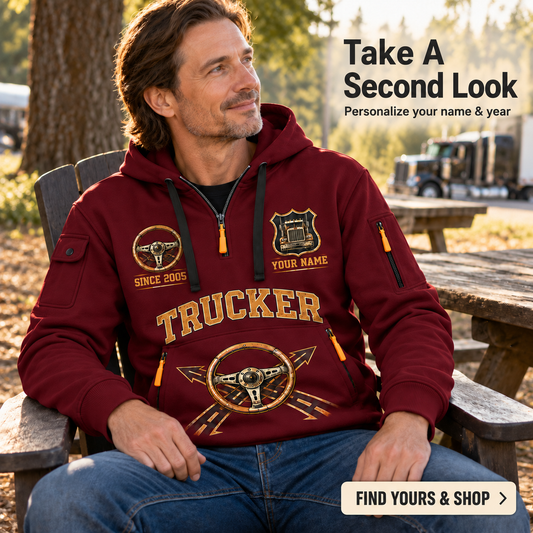 Personalized Trucker Keep the Wheels Turning Quarter-Zip Hoodie in Wine Red, worn by an adult man