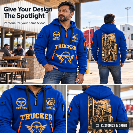 Personalized Trucker Golden Highway Quarter-Zip Hoodie in Blue, worn by an adult man