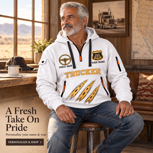 Personalized Trucker Highway in Motion Quarter-Zip Hoodie in White, worn by an adult man