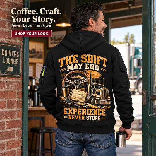 Personalized Trucker Miles Never Stop Quarter-Zip Hoodie in Black, worn by an adult man