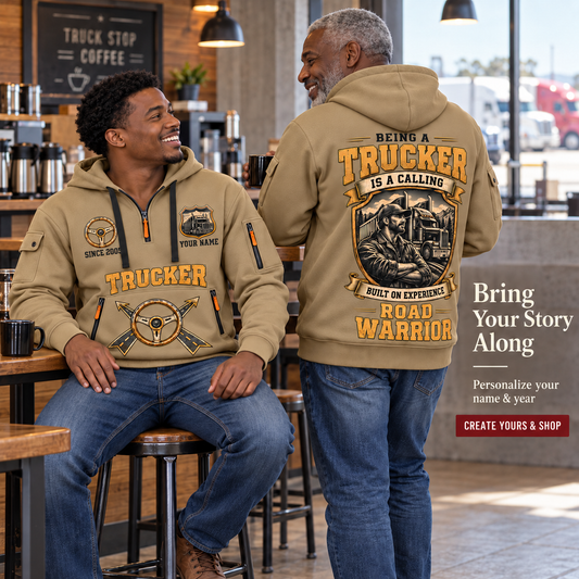 Personalized Trucker Calling of the Road Quarter-Zip Hoodie in Khaki, worn by an adult man