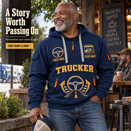 Personalized Trucker Heart of the Highway Quarter-Zip Hoodie in Navy, worn by an adult man