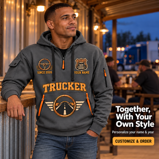 Personalized Trucker Why We Drive Quarter-Zip Hoodie in Gray, worn by an adult man