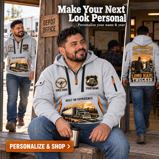 Personalized Trucker Walked the Highway Quarter-Zip Hoodie in Light Grey, worn by an adult man