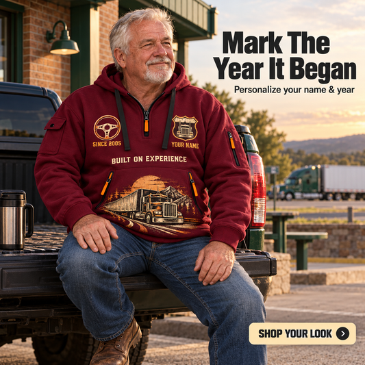 Personalized Trucker Old School Trucker Quarter-Zip Hoodie in Wine Red, worn by an adult man