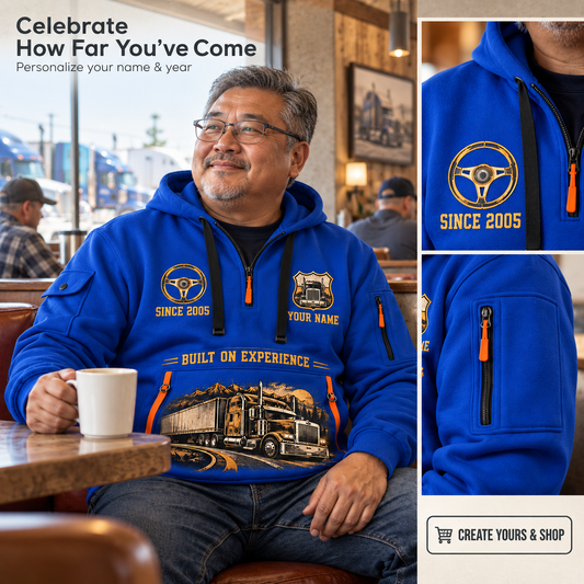 Personalized Trucker Miles of Experience Quarter-Zip Hoodie in Blue, worn by an adult man