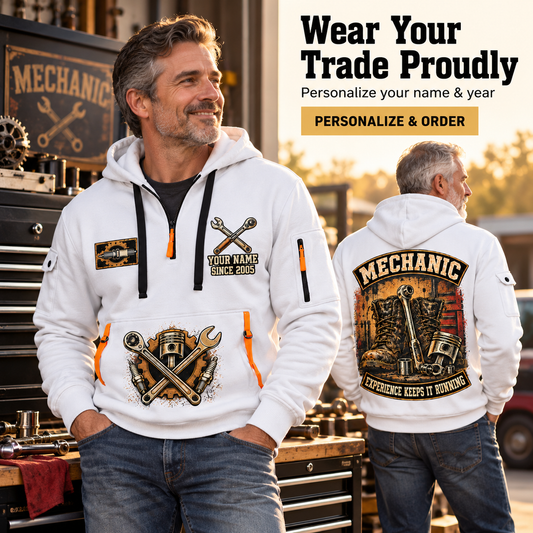 Mechanic Garage Heritage Quarter-Zip Hoodie with Name and Year - MC17349984 in White, worn by an adult man
