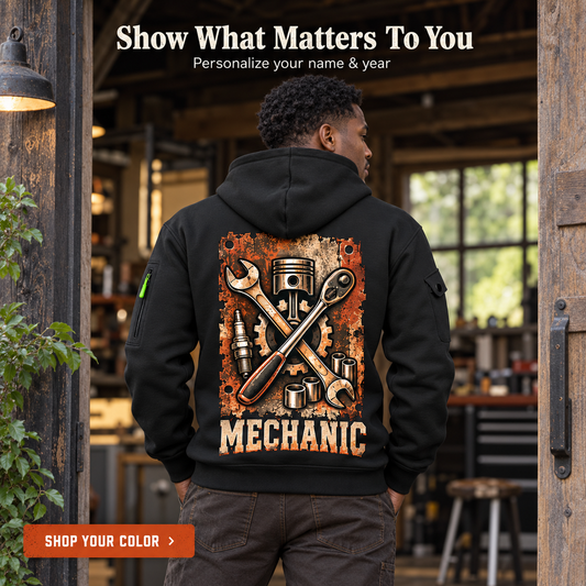Mechanic Built To Repair Quarter-Zip Hoodie with Name and Year - MC17350848 in Black, worn by an adult man