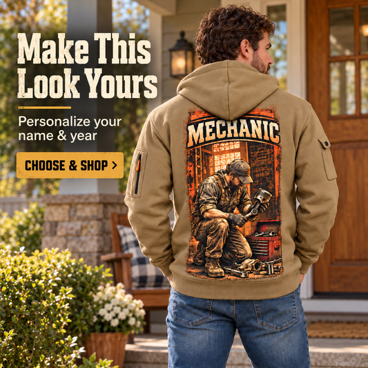 Mechanic Under The Hood Quarter-Zip Hoodie with Name and Year - MC17351712 in Khaki, worn by an adult man