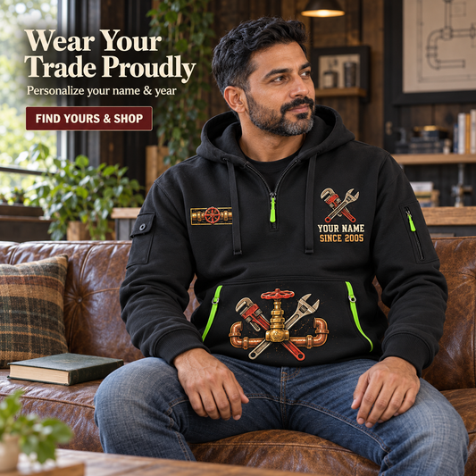 Plumber Flow Heritage Quarter-Zip Hoodie with Name and Year - PL17349984 in Black, worn by an adult man