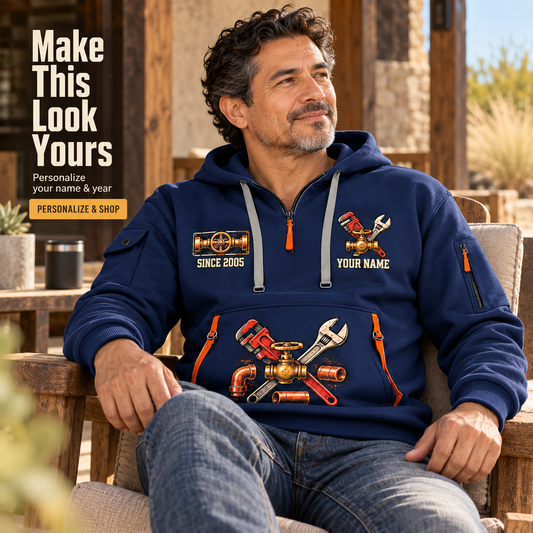 Plumber Behind Every Connection Quarter-Zip Hoodie with Name and Year - PL17351712 in Navy, worn by an adult man