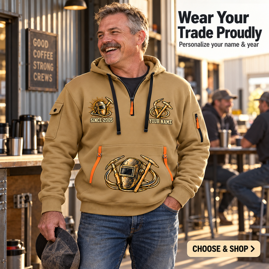Welder Forged Bond Crest Name & Year Quarter-Zip Hoodie in Khaki, worn by an adult man