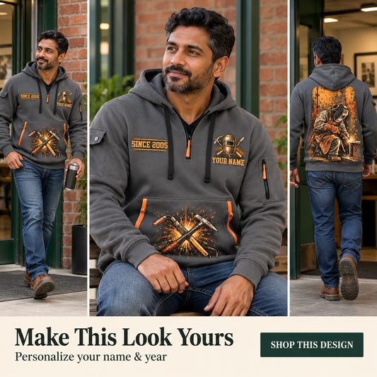 Welder At the Bench Portrait Name & Year Quarter-Zip Hoodie in Gray, worn by an adult man