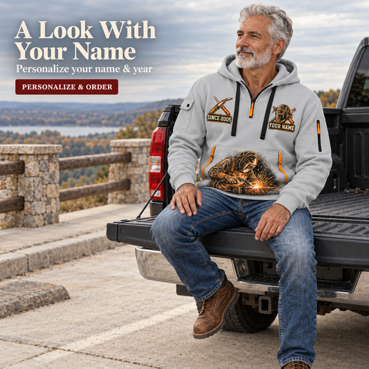 Welder Workshop Essentials Name & Year Quarter-Zip Hoodie in Light Grey, worn by an adult man
