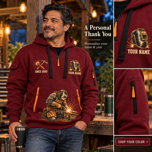 Welder Tools of the Trade Name & Year Quarter-Zip Hoodie in Wine Red, worn by an adult man