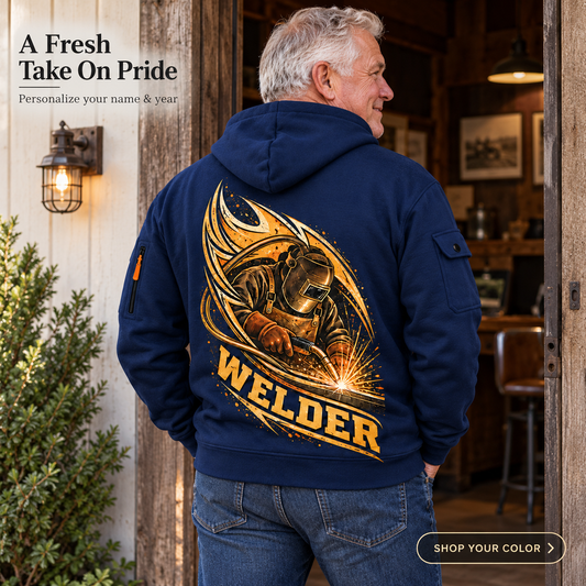 Welder Arc Flame Crest Name & Year Quarter-Zip Hoodie in Navy, worn by an adult man