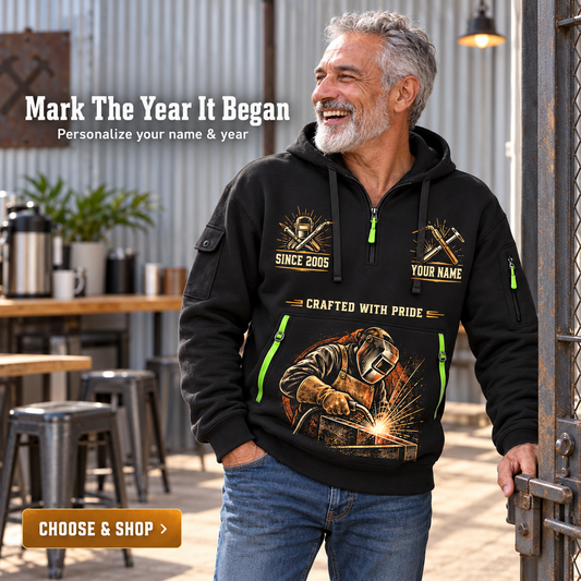 Welder Master Craftsman Wings Name & Year Quarter-Zip Hoodie in Black, worn by an adult man