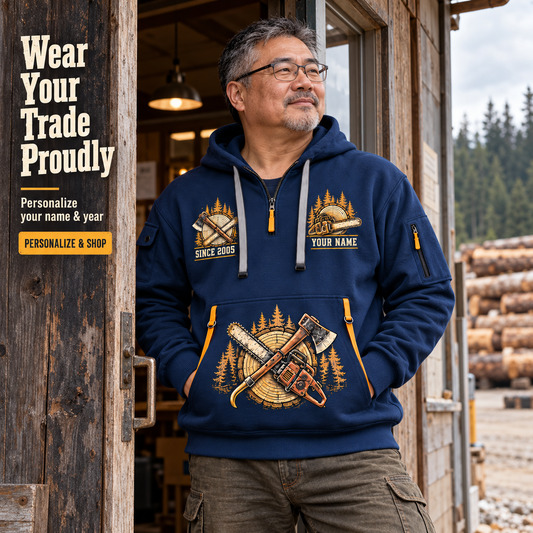 Logger Timber Roots Crest Quarter-Zip Hoodie in Navy, worn by an adult man