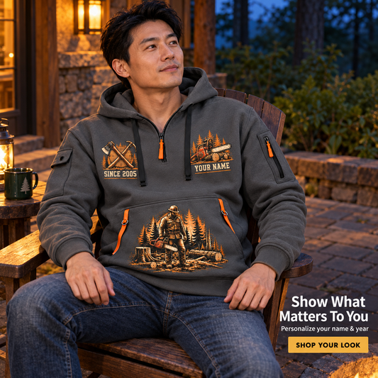 Logger Timber Heritage Plate Quarter-Zip Hoodie in Gray, worn by an adult man