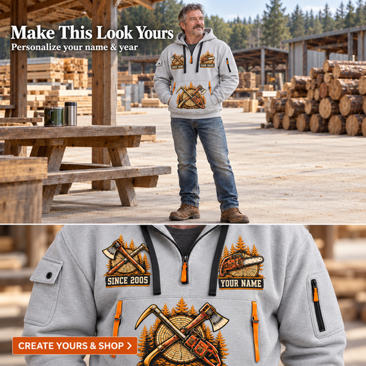 Logger Forest Craftsman Portrait Quarter-Zip Hoodie in Light Grey, worn by an adult man
