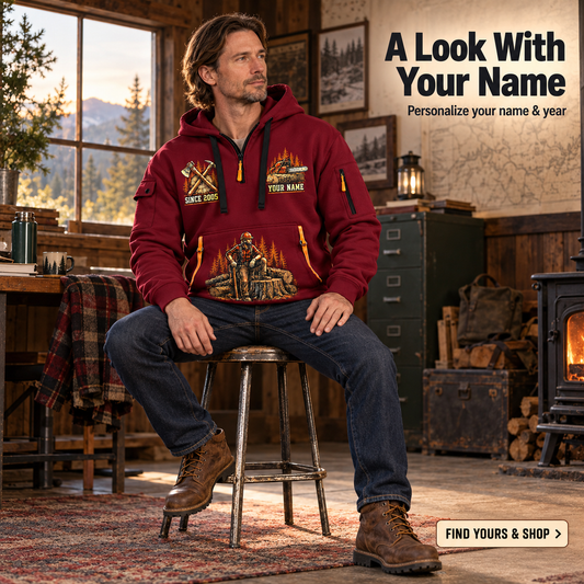 Logger Timber Yard Still Life Quarter-Zip Hoodie in Wine Red, worn by an adult man